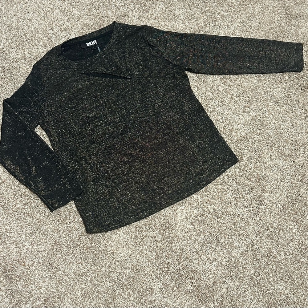 Metallic Keyhole Blouse DKNY Black Gold Shimmer Long Sleeve Top